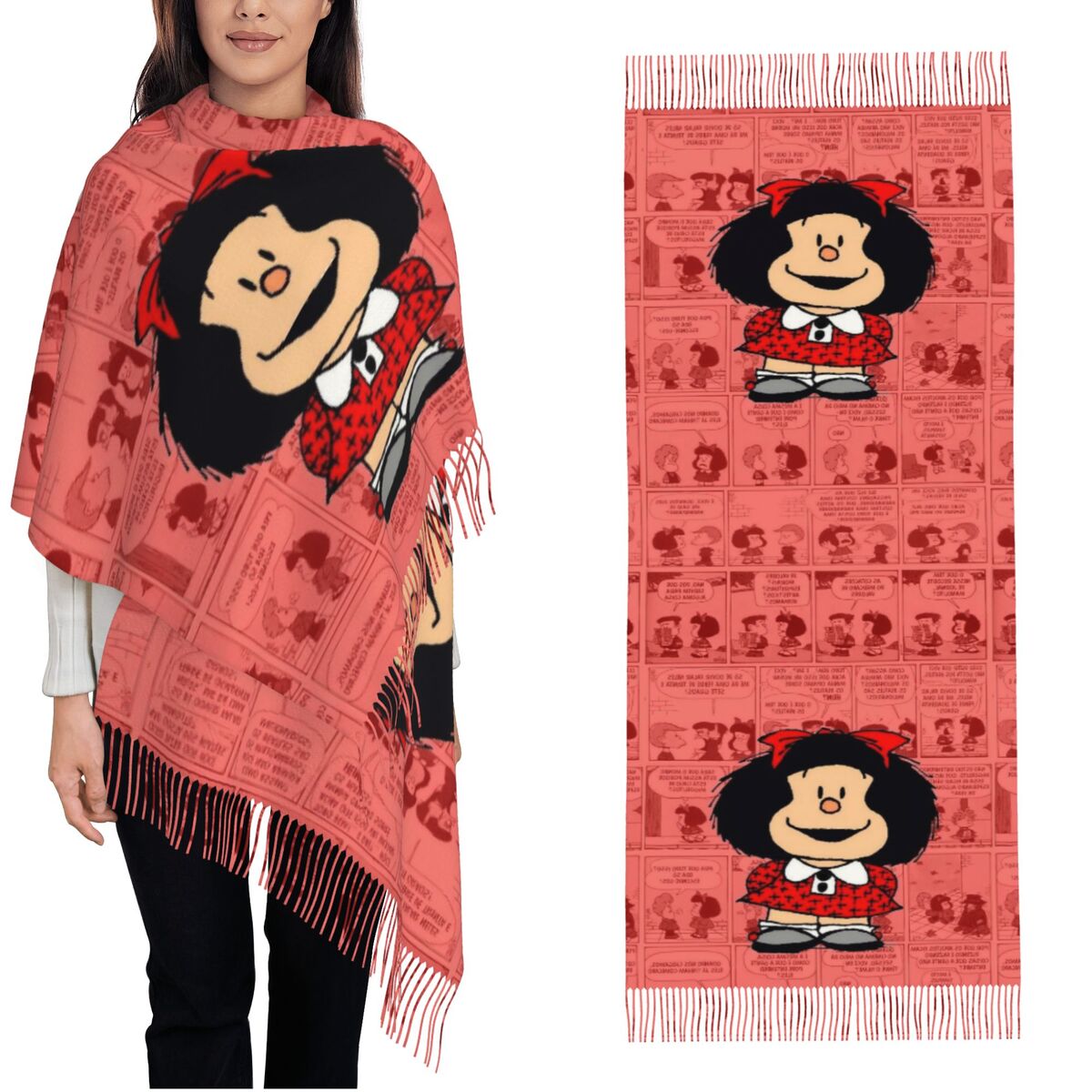 Pashmina Wrap Large - ผ้าพันคอพู่ห้อยสำหรับผู้หญิง ลายการ์ตูนมาฟาลดา ผ้าคลุมไหล่ขนาดใหญ่ นุ่ม อุ่น สวมใส่ได้ทุกวัน