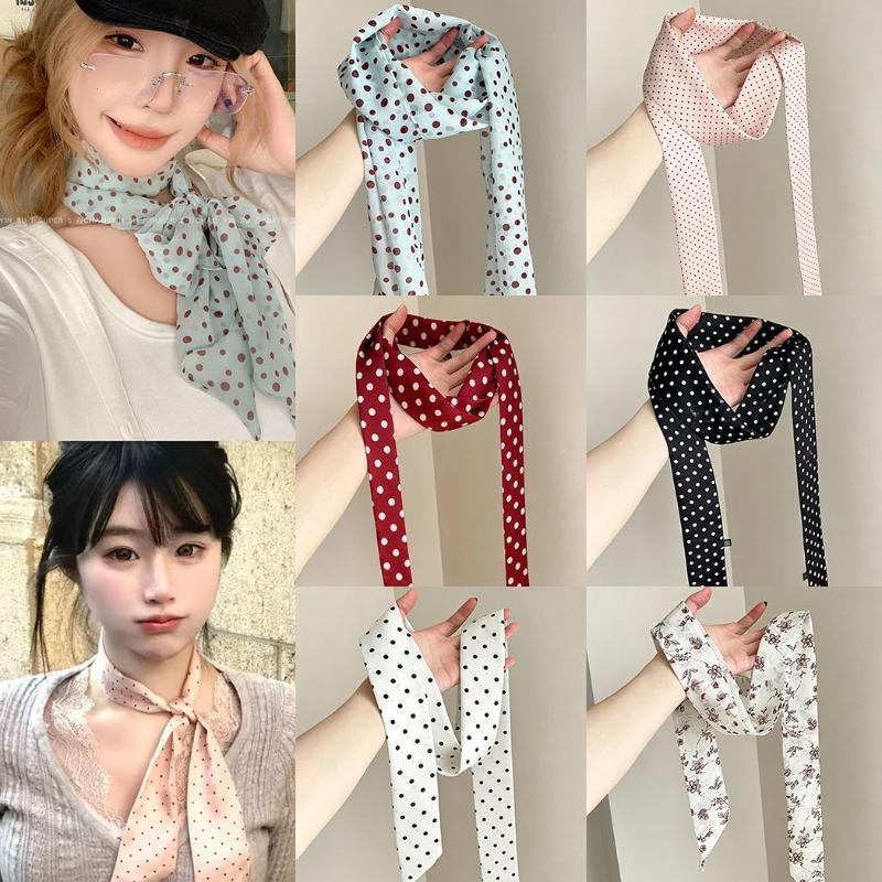 Head Wrap Turban - ผ้าพันคอไหมลายจุดและลายดอกไม้ ผ้าพันคอบางสำหรับผูกคอ ที่คาดผม ริบบิ้นสำหรับกระเป๋า สำหรับผู้หญิง เครื่องประดับสไตล์วินเทจสำหรับใช้ในชีวิตประจำวัน